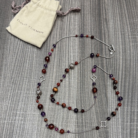 David Yurman Silver Necklace with Red and Purple Beads